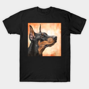 Contemporary Painting of a Gorgeous Black and Gold Doberman Pinscher on Orange Background T-Shirt